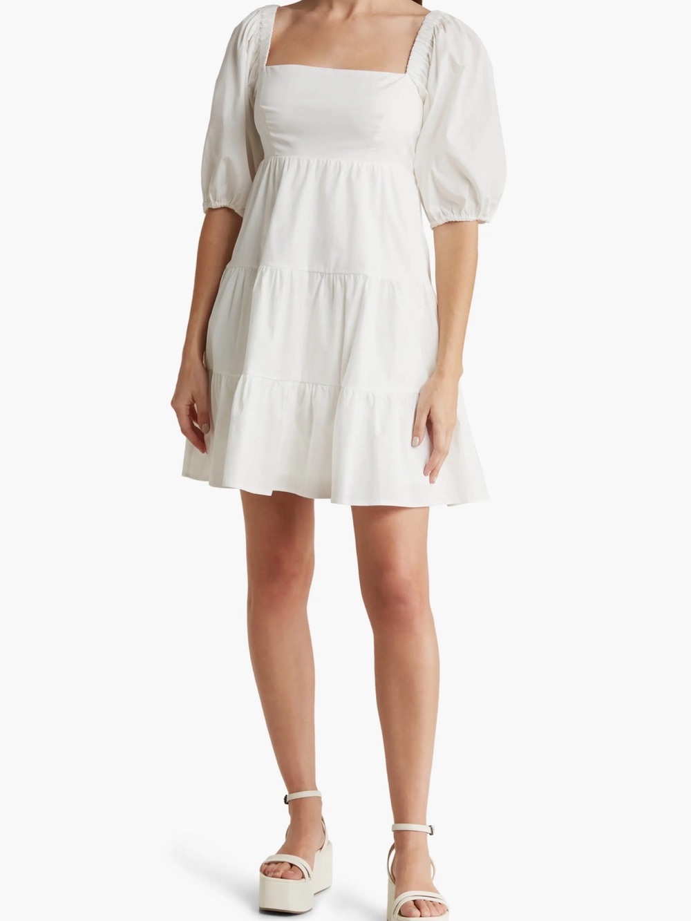 WAYF White Tiered Puff Sleeve Mini Dress S Bridal Shower Graduation Cottagcore